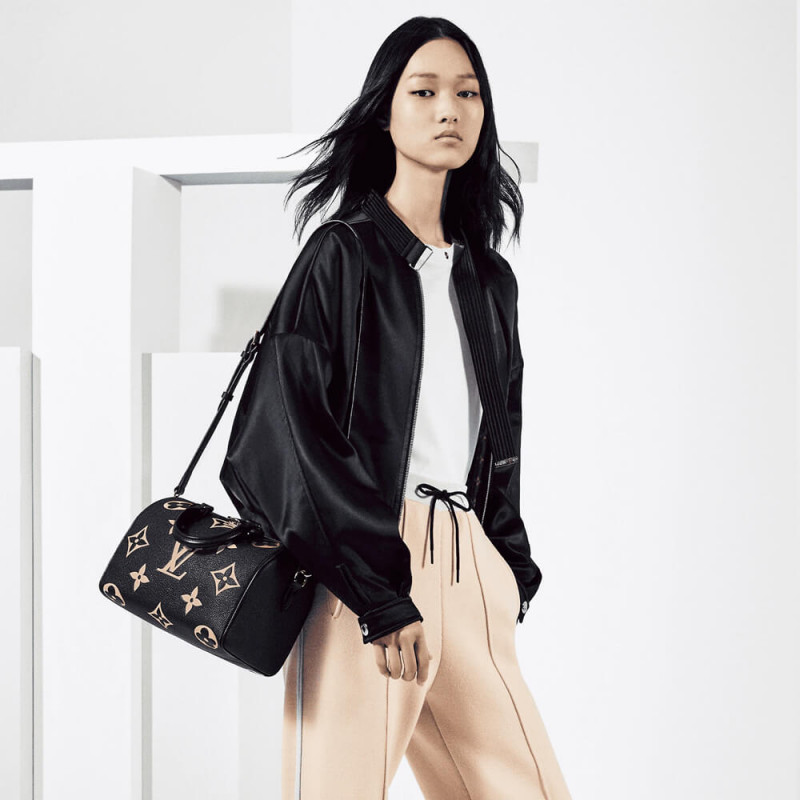 Replica Louis Vuitton Bicolor Monogram Empreinte Speedy Bandouliere 25 M58947 Black/Beige