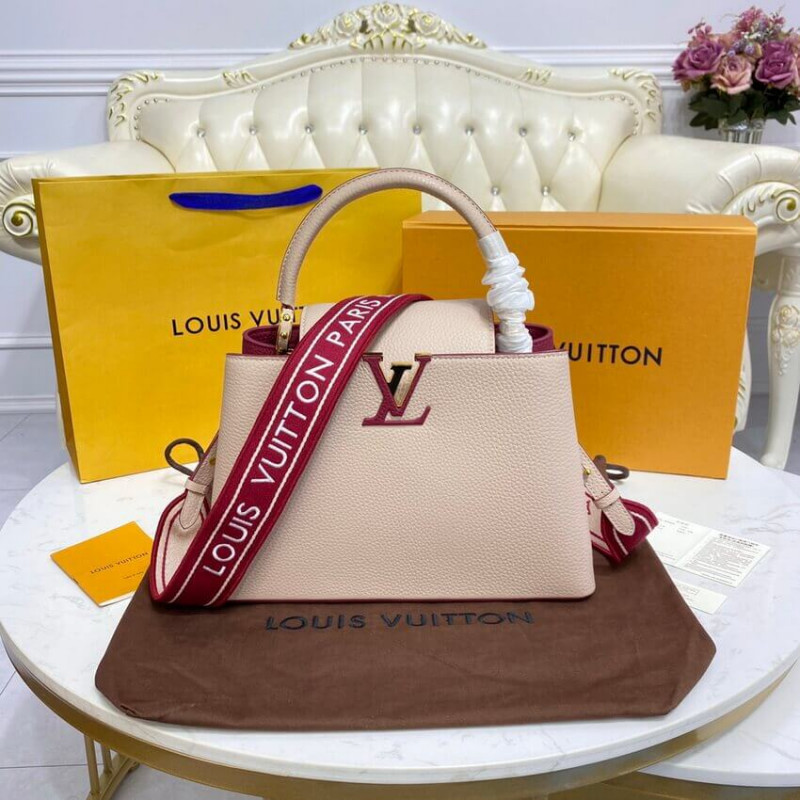 Replica Louis Vuitton Capucines Mm M58610 Eggshell/Lie De Vin Red