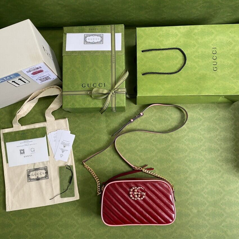 Replica Gucci Gg Marmont Small Shoulder Bag 447632 Red And Emerald Leather