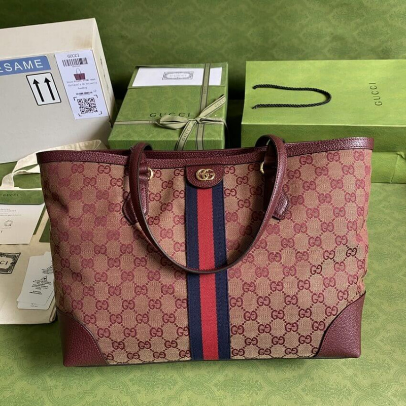 Replica Gucci Ophidia Medium Tote With Web In Burgundy Gg Canvas 631685