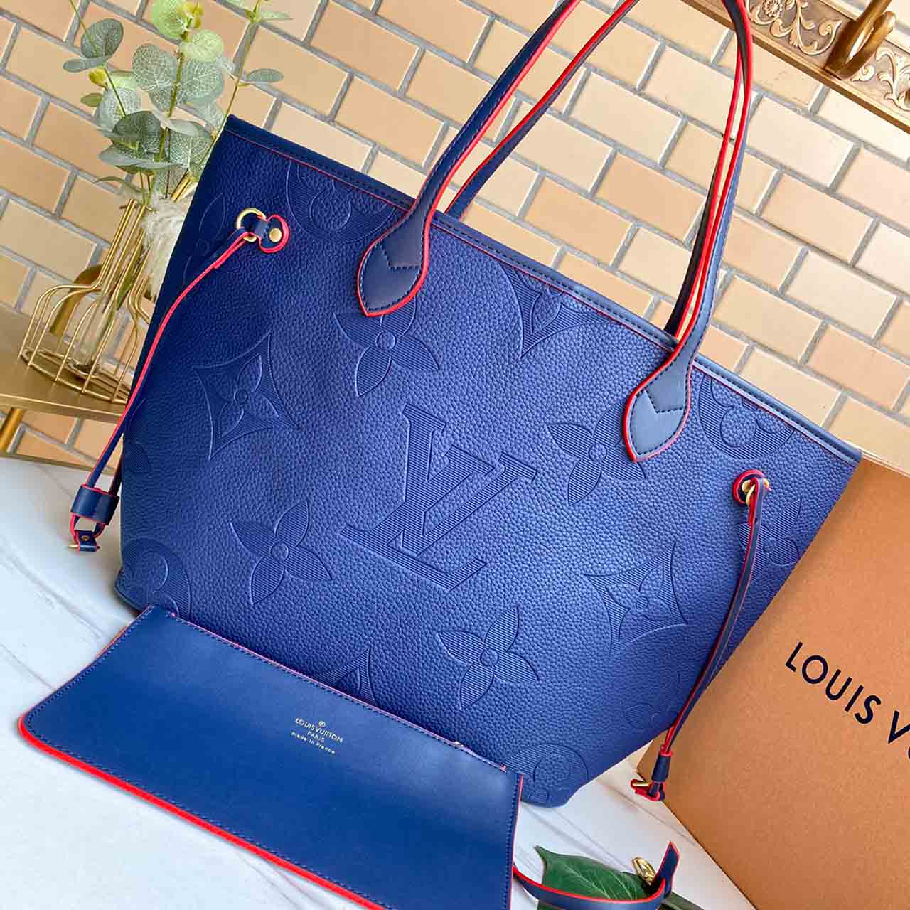 Replica Louis Vuitton Neverfull Mm Monogram Empreinte Leather M45685 Black/Beige/Blue