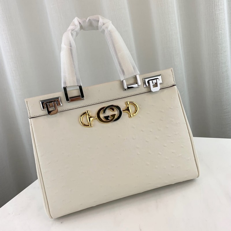 Replica Gucci Zumi Ostrich Leather Medium Top Handle Bag 569712 White