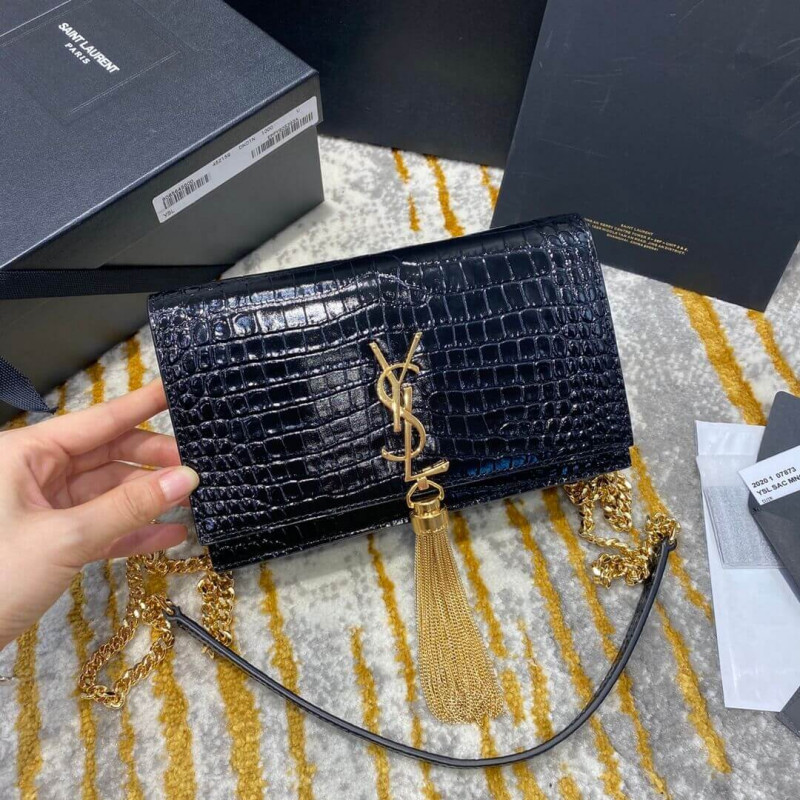 Replica Ysl Saint Laurent Kate Chain Wallet With Tassel In Crocodile Embossed Leather 452159