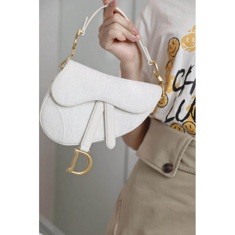 Replica Christian Dior Mini Saddle Bag In White Oblique Jacquard M0447