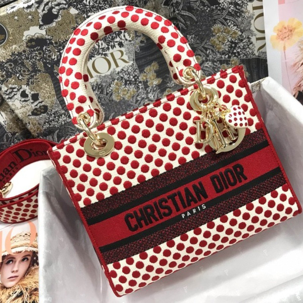 Replica Dior Aaa-Red Dots Medium Lady D-Lite Bag/Embroidered Logo