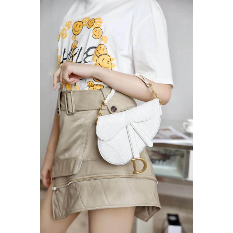 Replica Christian Dior Mini Saddle Bag In White Oblique Jacquard M0447