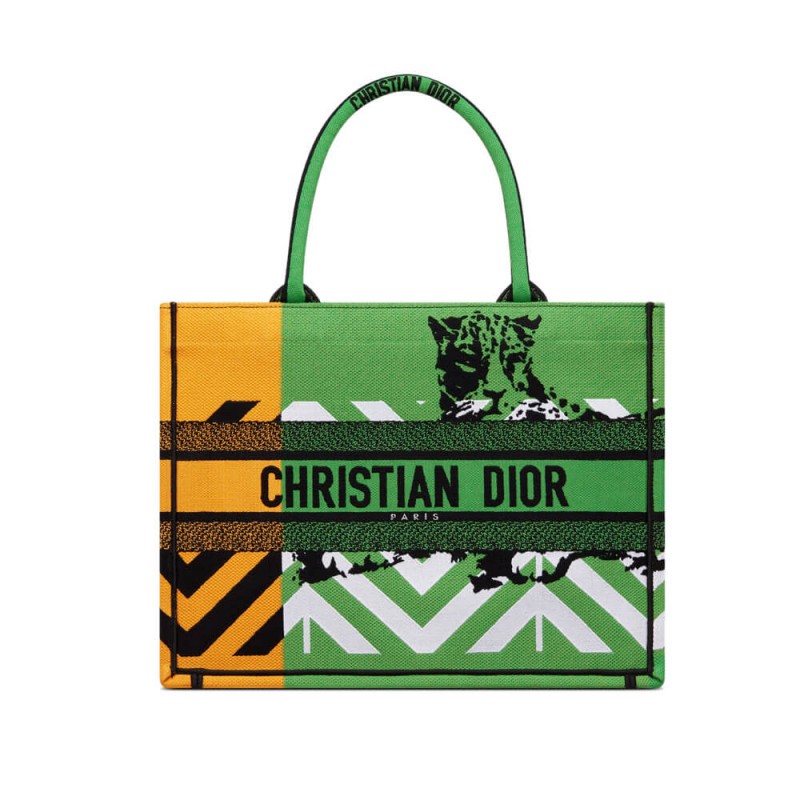 Replica Christian Dior Medium Book Tote Bright Green And Orange D-Jungle Pop Embroidery M1296