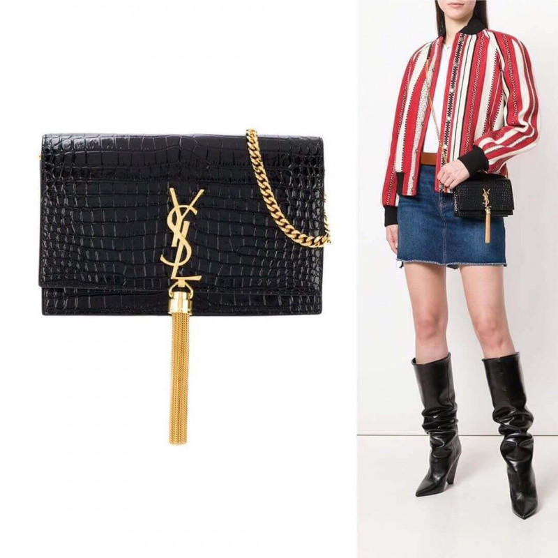 Replica Ysl Saint Laurent Kate Chain Wallet With Tassel In Crocodile Embossed Leather 452159