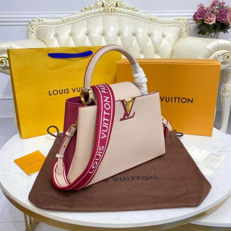 Replica Louis Vuitton Capucines Mm M58610 Eggshell/Lie De Vin Red