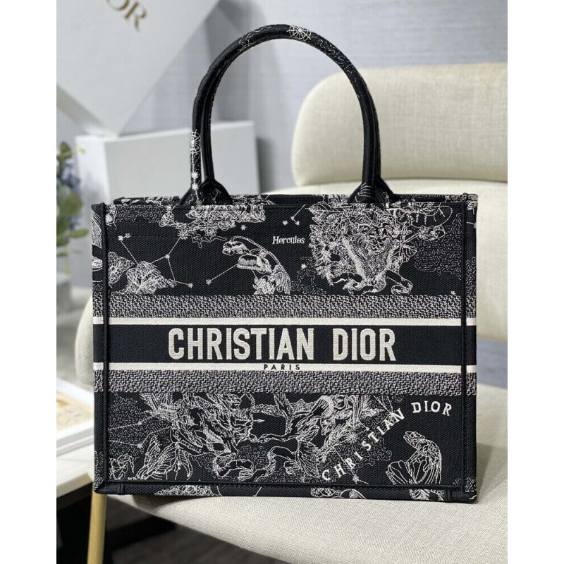 Replica Christian Dior Medium Book Tote Black Toile De Jouy Zodiac Embroidery M1296