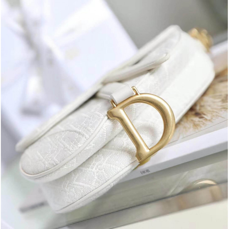 Replica Christian Dior Mini Saddle Bag In White Oblique Jacquard M0447