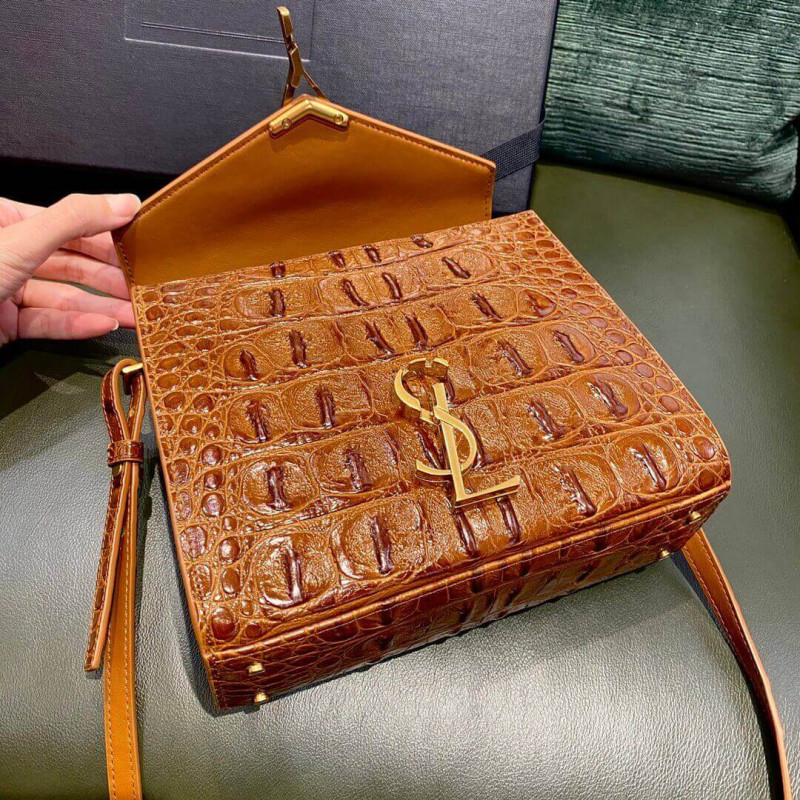 Replica Ysl Saint Laurent Cassandra Mini Top Handle Bag In Caiman Embossed Leather 602716 Brown