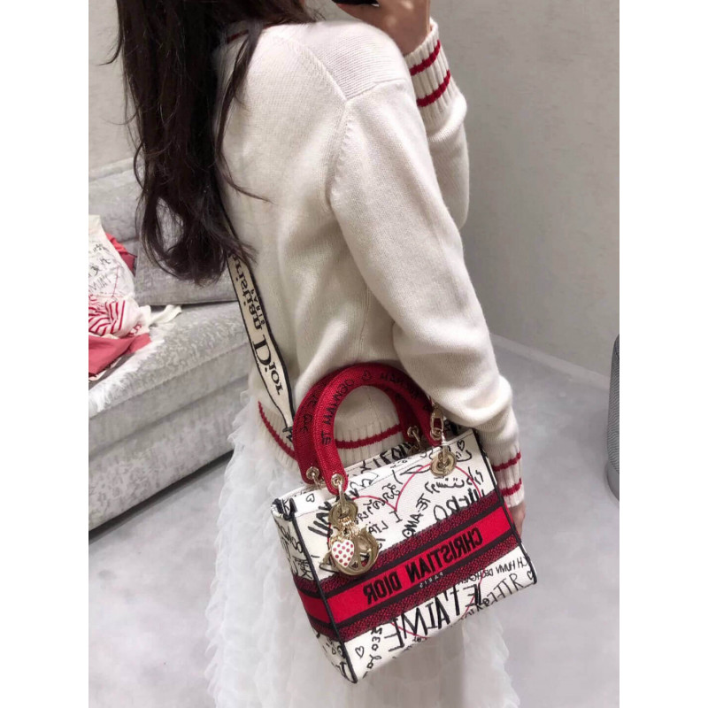Replica Dior Medium Lady D-Lite Dioramour Bag Latte Multicolor Dioramour Graffiti Embroidery M0565