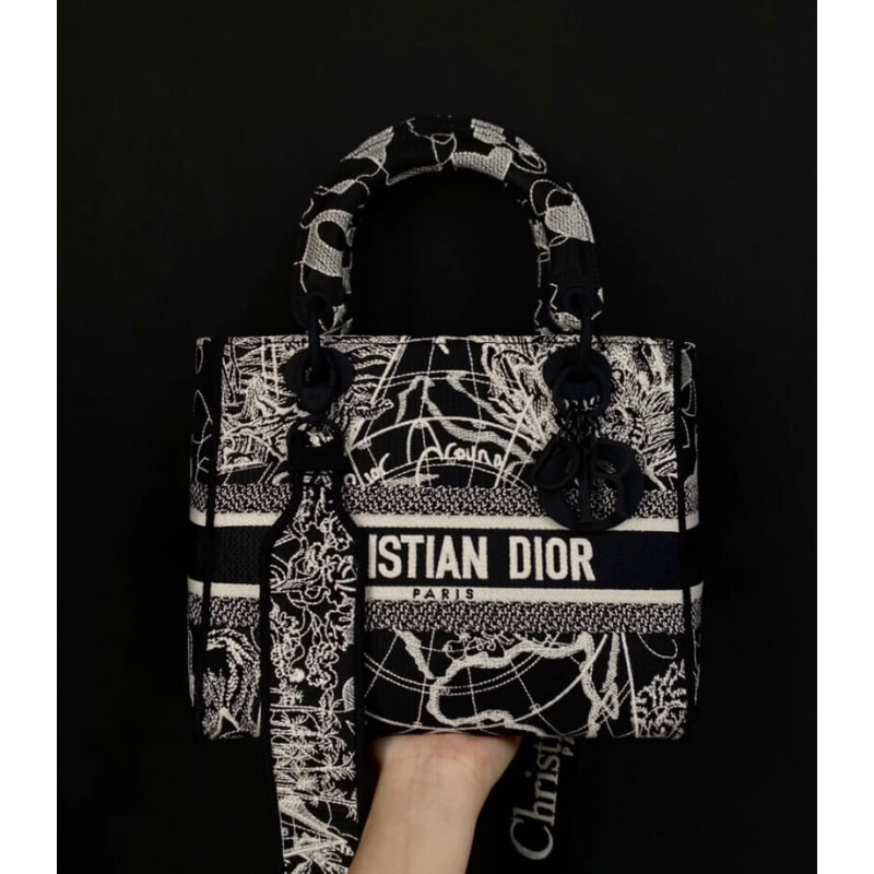 Replica Christian Dior Medium Lady D-Lite Bag Black And White Around The World Embroidery M0565