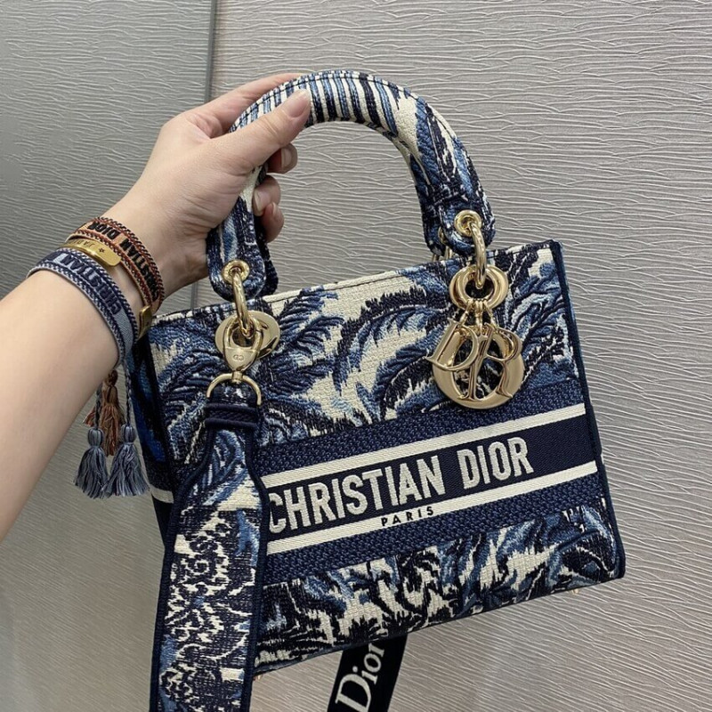 Replica Dior Medium Lady D-Lite Bag Blue Dior Palms Embroidery M0565