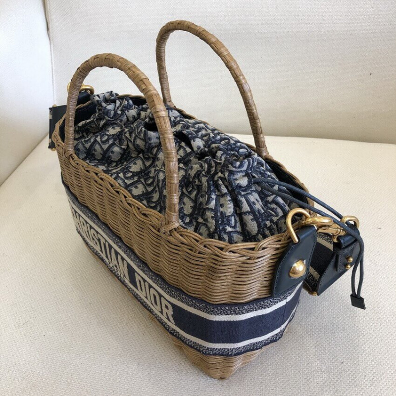 Replica Christian Dior Wicker Basket Shoulder Bag Blue Oblique M7601