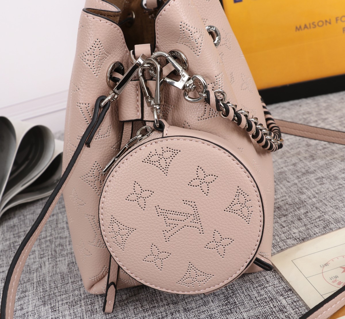 Replica Louis Vuitton Bella Bucket Bag Black/Pink/Grey