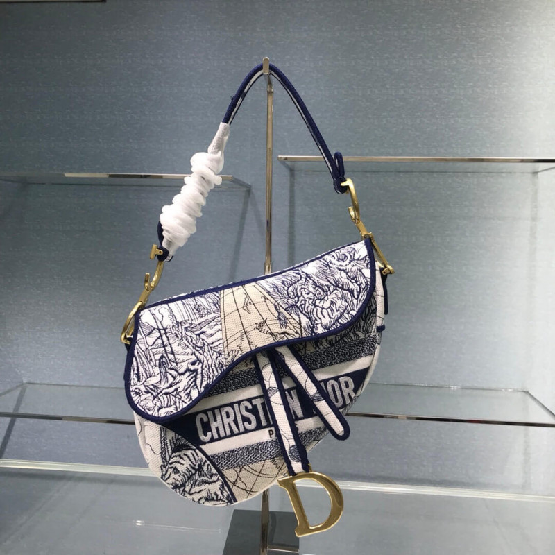Replica Christian Dior Saddle Bag In Blue Camouflage Embroidery M0446