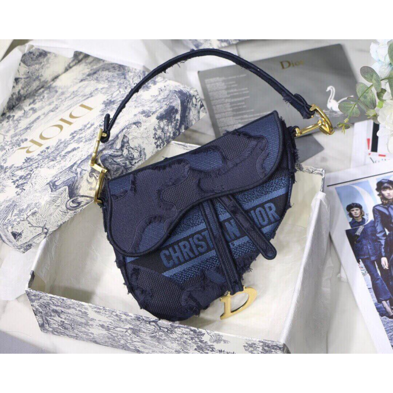 Replica Dior Saddle Bag Blue Camouflage Embroidery M0446