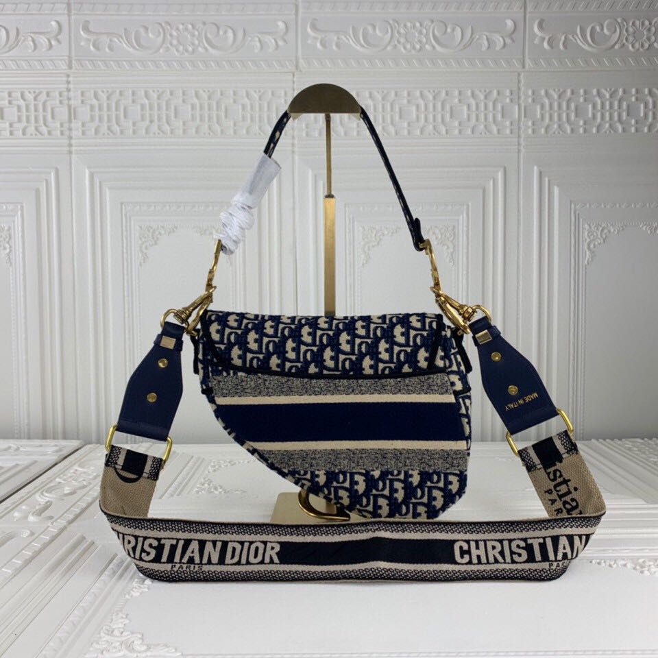 Replica Dior Navy/Gray Oblique Embroidery Saddle Bag