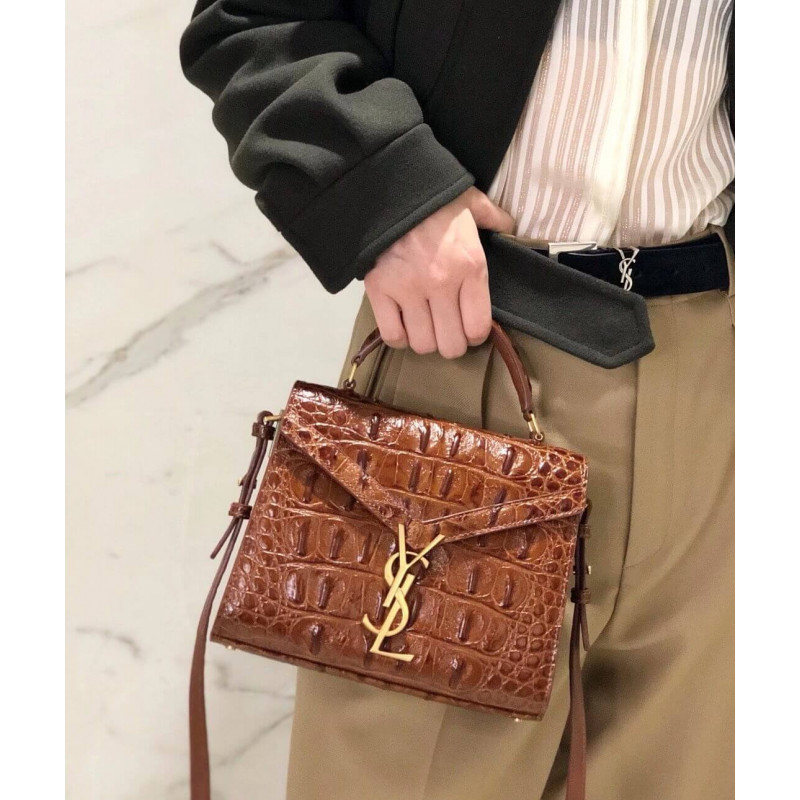 Replica Ysl Saint Laurent Cassandra Mini Top Handle Bag In Caiman Embossed Leather 602716 Brown