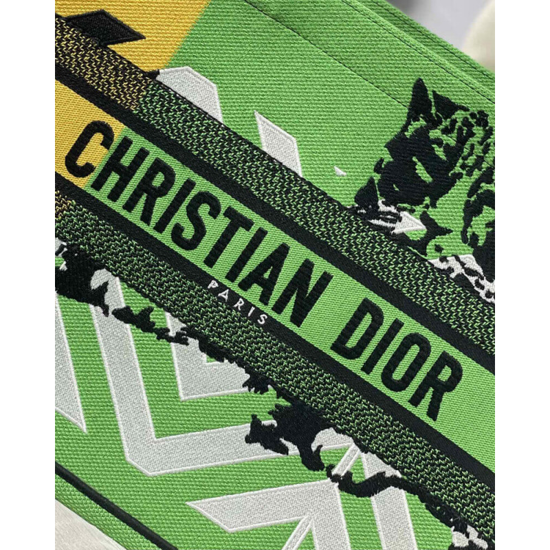 Replica Christian Dior Medium Book Tote Bright Green And Orange D-Jungle Pop Embroidery M1296
