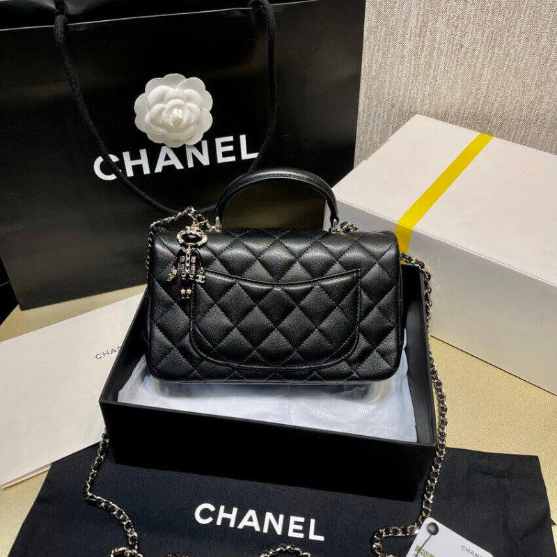 Replica Chanel Lambskin Mini Flap Bag With Top Handle Black As2431 With Charms