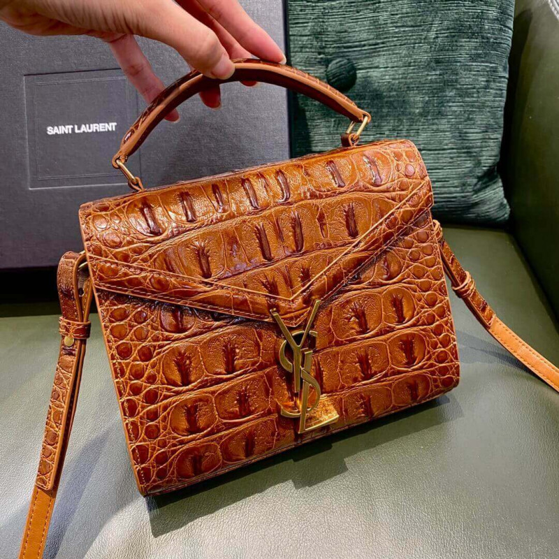 Replica Ysl Saint Laurent Cassandra Mini Top Handle Bag In Caiman Embossed Leather 602716 Brown
