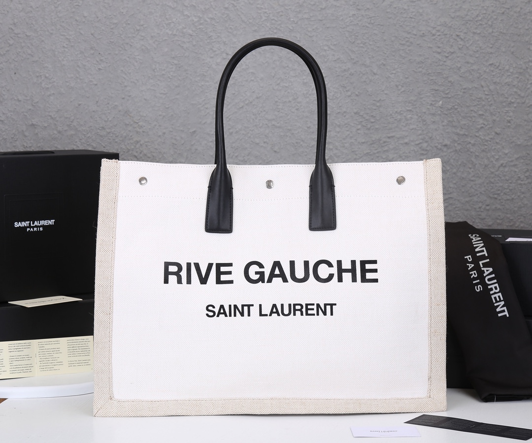 Replica Ysl Rive Gauche Tote Bag In Linen And Leather