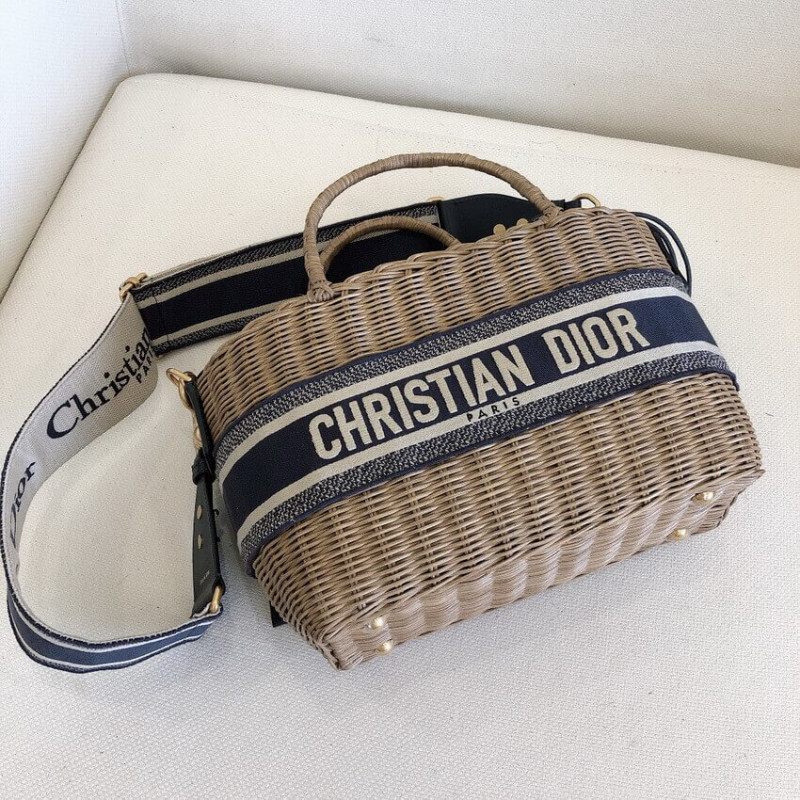 Replica Christian Dior Wicker Basket Shoulder Bag Blue Oblique M7601