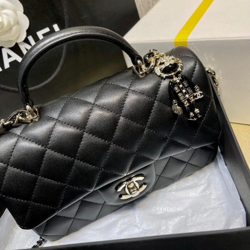 Replica Chanel Lambskin Mini Flap Bag With Top Handle Black As2431 With Charms