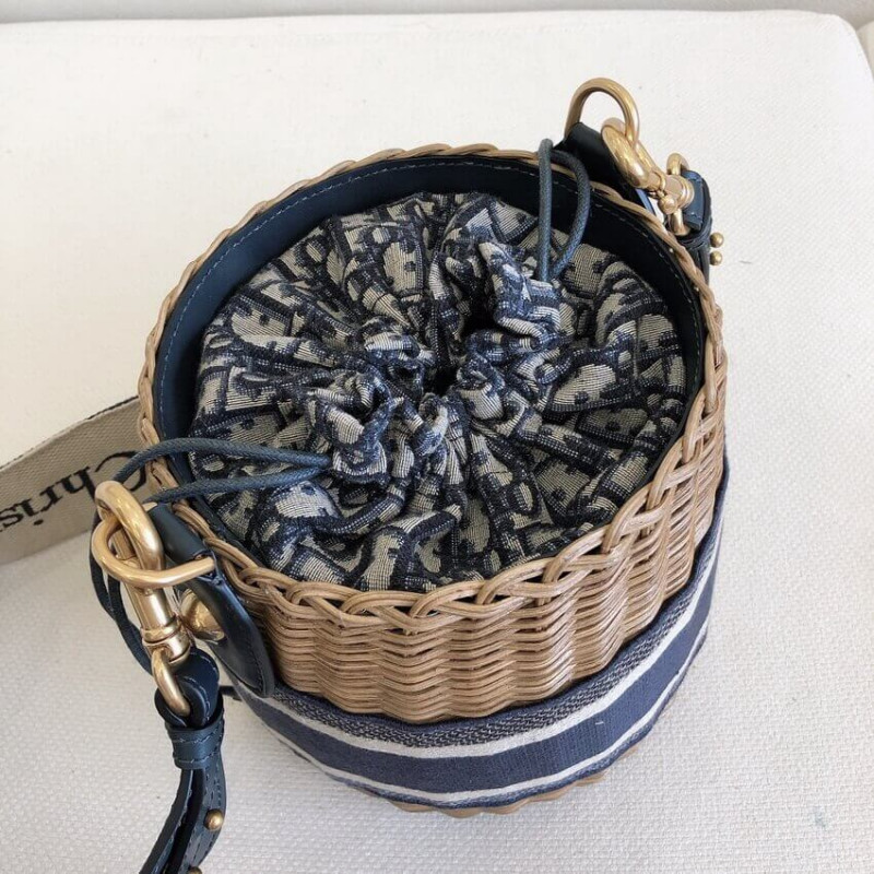 Replica Christian Dior Wicker Basket Shoulder Bag Blue Oblique M7600