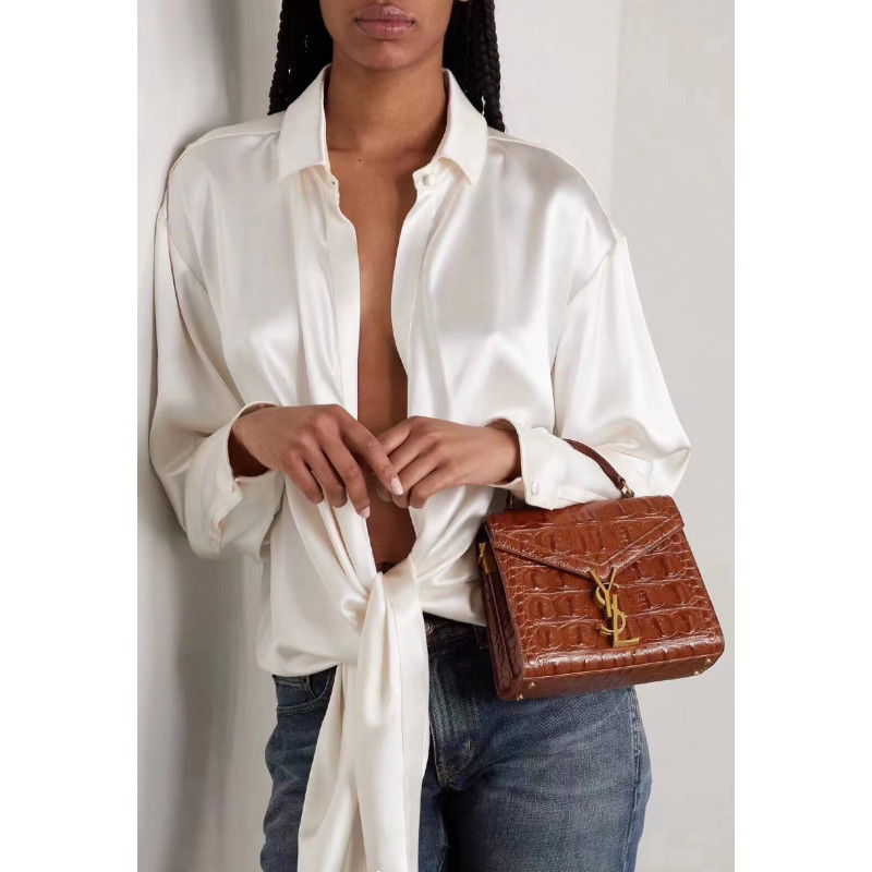 Replica Ysl Saint Laurent Cassandra Mini Top Handle Bag In Caiman Embossed Leather 602716 Brown