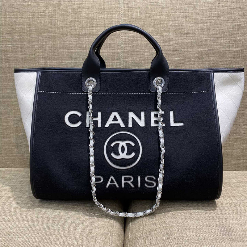 Replica Chanel Wool Felt Deauville Shopping Bag A60598 Black/White