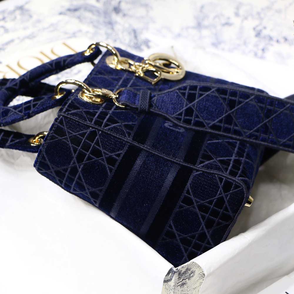 Replica Dior Aaa-D-Blue Velvet Medium Lady D-Lite Bag M8002/Embroidery