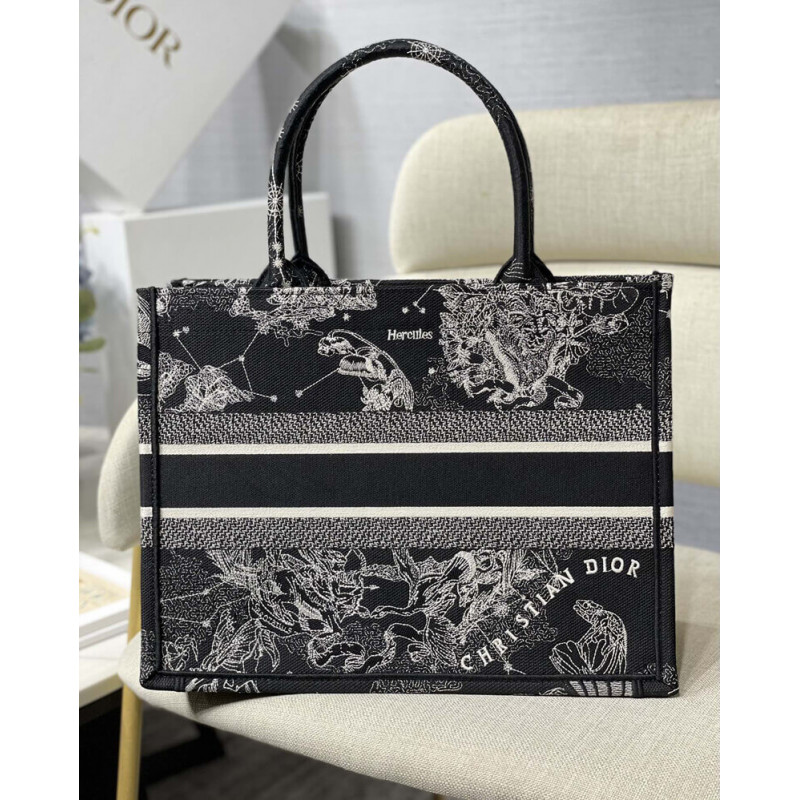 Replica Christian Dior Medium Book Tote Black Toile De Jouy Zodiac Embroidery M1296