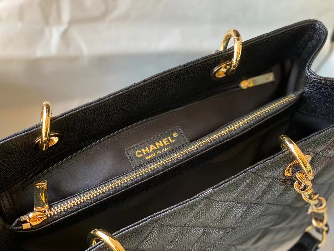 Replica Chanel Grand Shopping Black Tote Quilted Caviar A50995