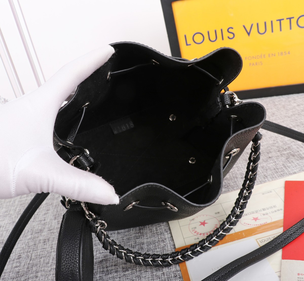 Replica Louis Vuitton Bella Bucket Bag Black/Pink/Grey