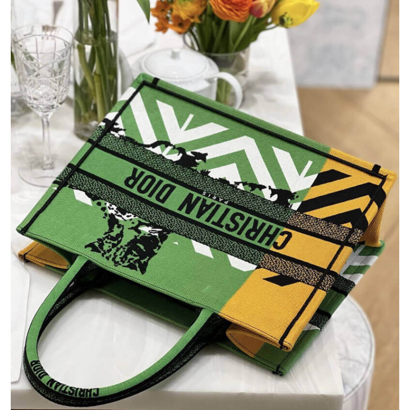 Replica Christian Dior Medium Book Tote Bright Green And Orange D-Jungle Pop Embroidery M1296