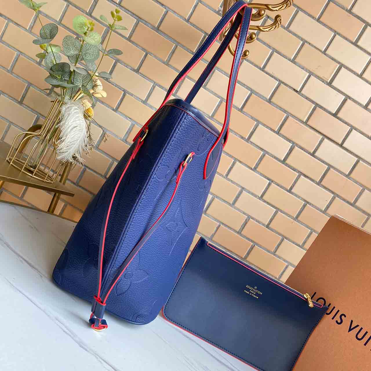 Replica Louis Vuitton Neverfull Mm Monogram Empreinte Leather M45685 Black/Beige/Blue