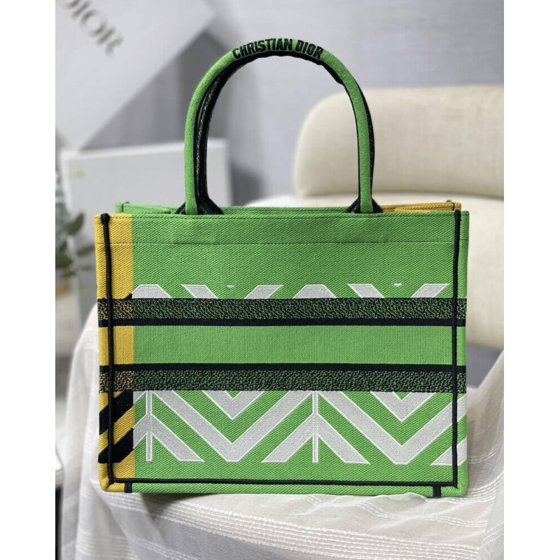 Replica Christian Dior Medium Book Tote Bright Green And Orange D-Jungle Pop Embroidery M1296