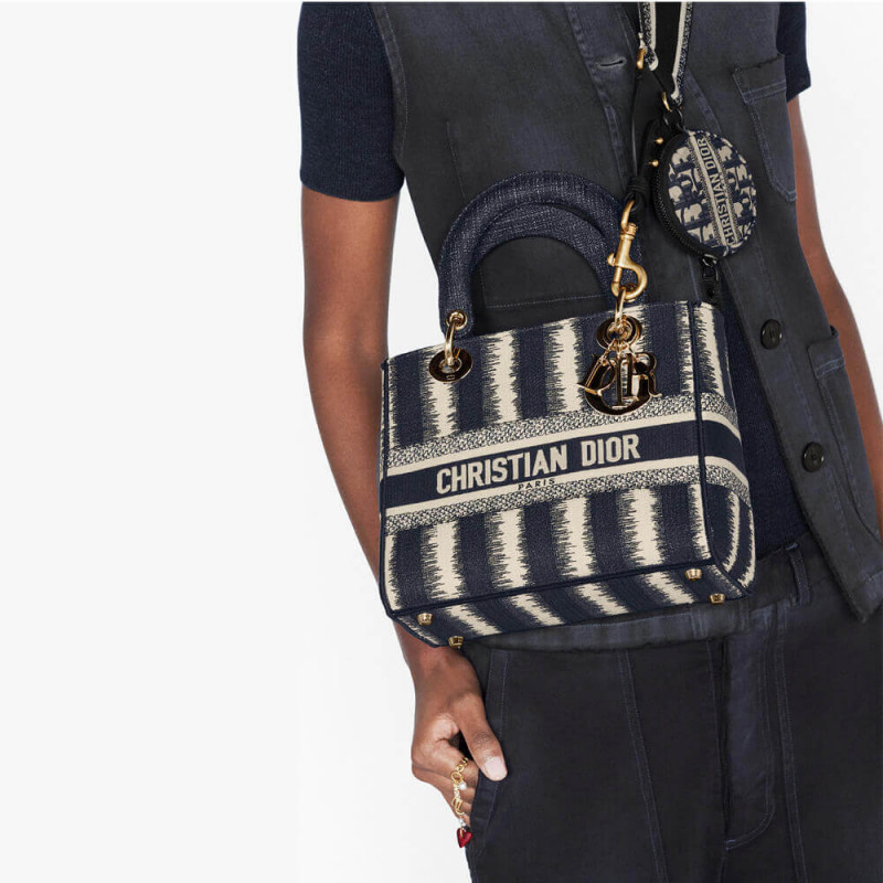 Replica Dior Medium Blue D-Stripes Embroidery Lady D-Lite Bag M0565