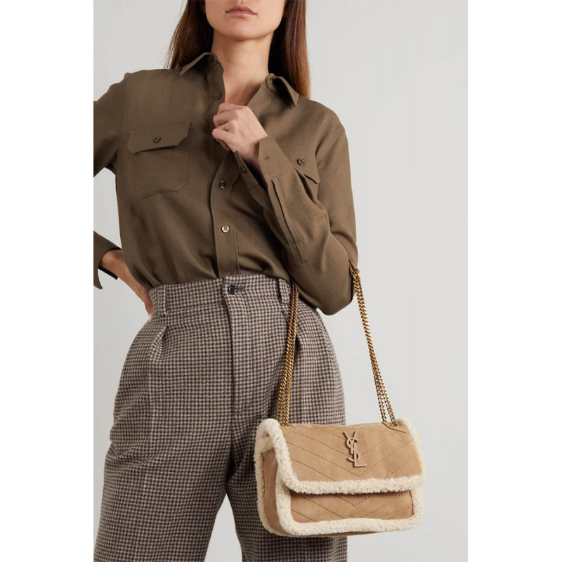Replica Ysl Saint Laurent Niki Baby Mini Shearling-Trimmed Nubuck Shoulder Bag 533037