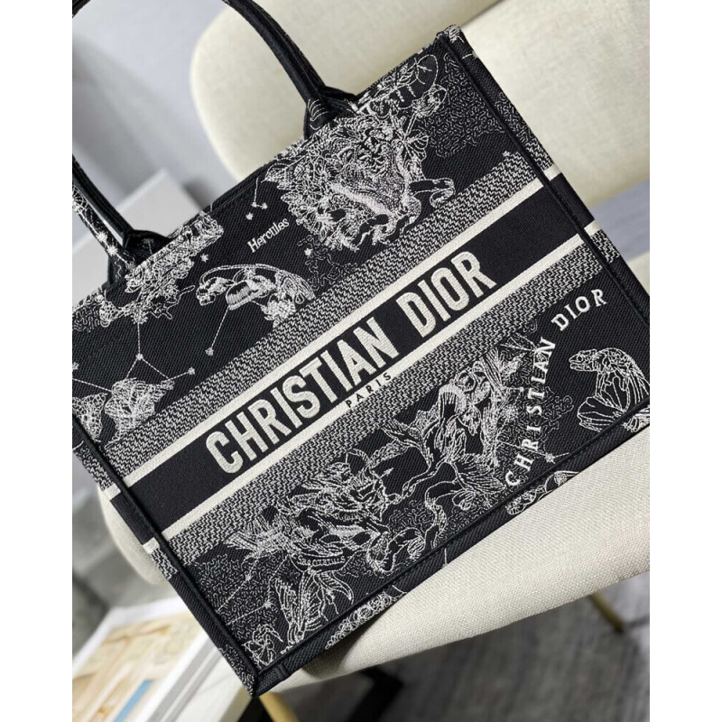 Replica Christian Dior Medium Book Tote Black Toile De Jouy Zodiac Embroidery M1296