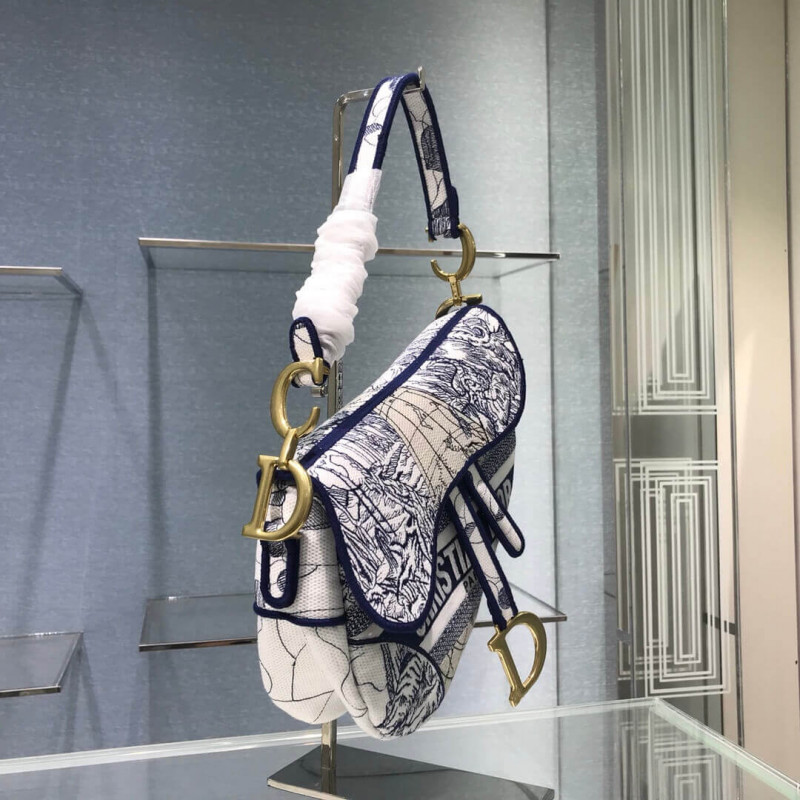 Replica Christian Dior Saddle Bag In Blue Camouflage Embroidery M0446