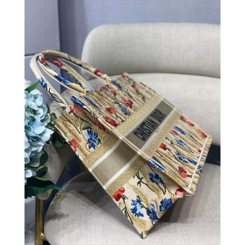Replica Dior Small Book Tote In Hibiscus Metallic Thread Embroidery M1296
