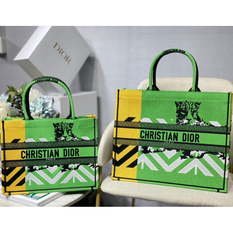 Replica Christian Dior Large Book Tote Bright Green And Orange D-Jungle Pop Embroidery M1286