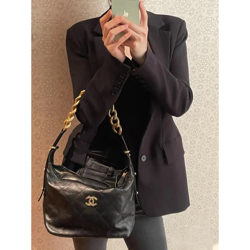 Replica Chanel Black Calfskin Leathe Hobo Bag As2910