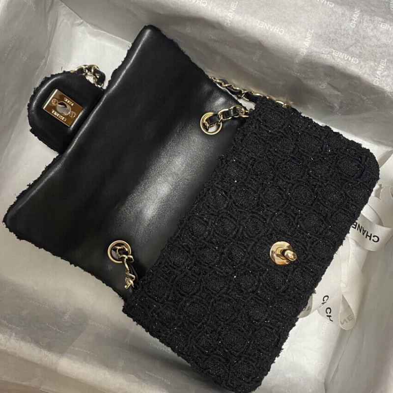 Replica Chanel 20Cm Classic Flap Bag In Black Tweed 1116
