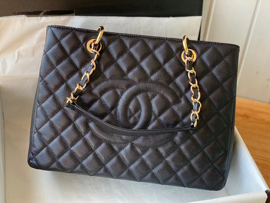 Replica Chanel Grand Shopping Black Tote Quilted Caviar A50995